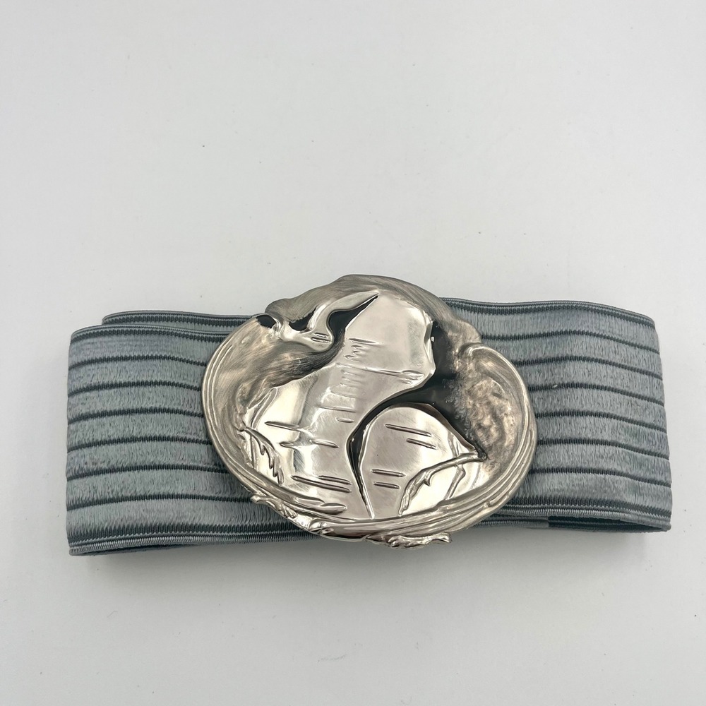 Charmant Vintage Silver Sculptural Buckle Blue Gray Stretch Belt Herons Birds M